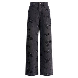 Hand Beaded Rose Embellished Straight Leg Jeans, Black, Size L